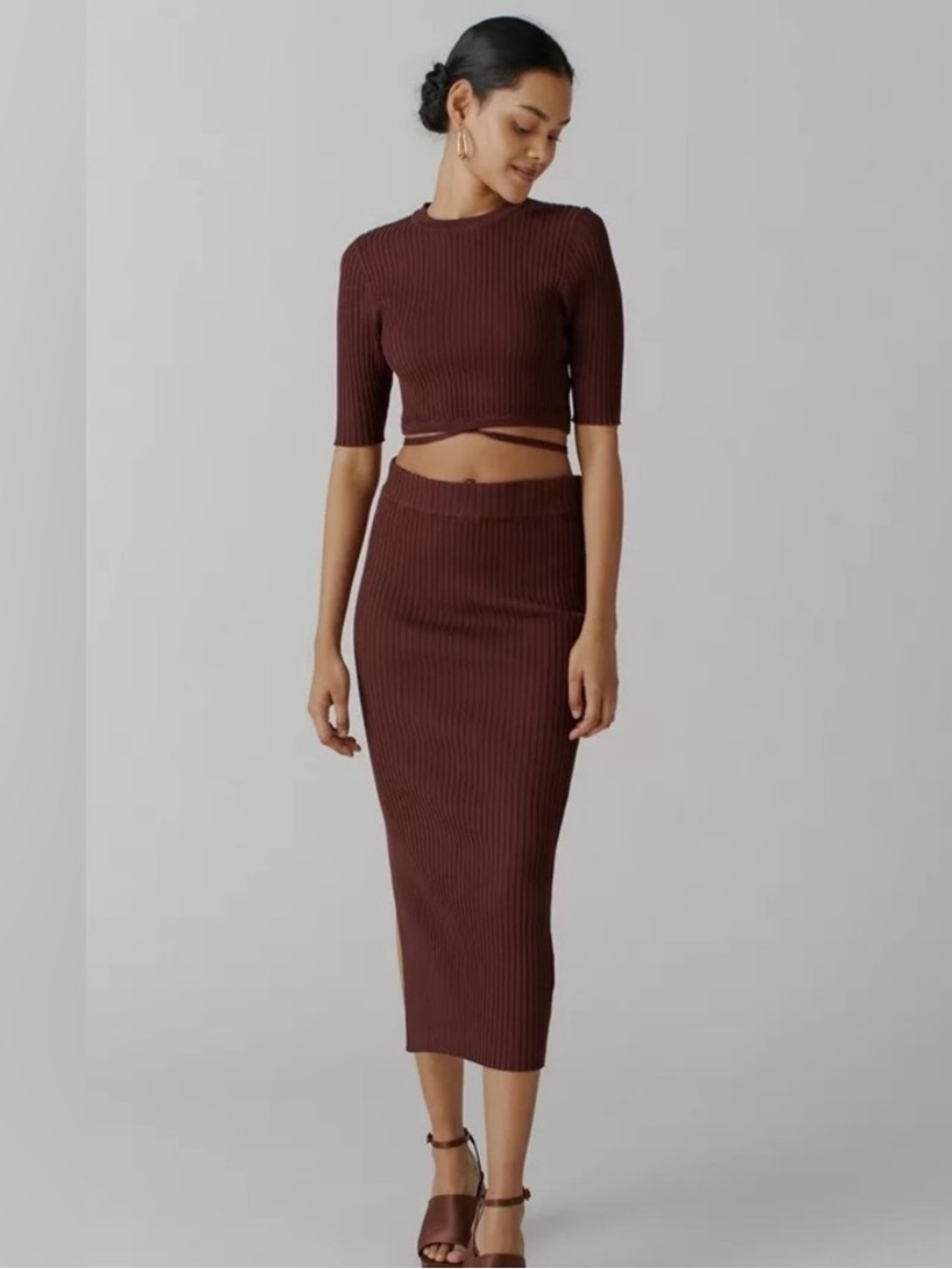 MINKPINK Set - Lynd Knit Ribbed Two-piece: Tie Crop Top & Midi Pencil Skirt - Picture 2 of 4